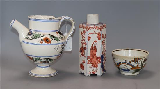 A Faience drug jar, a caddy and a Delft small bowl